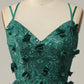 Dark Green A-Line Tulle Long Prom Dress with Slit V-neck Sexy