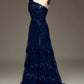 Sparkly Tiered Lace One Shoulder Long Prom Dress with Sexy