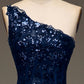 Sparkly Tiered Lace One Shoulder Long Prom Dress with Sexy