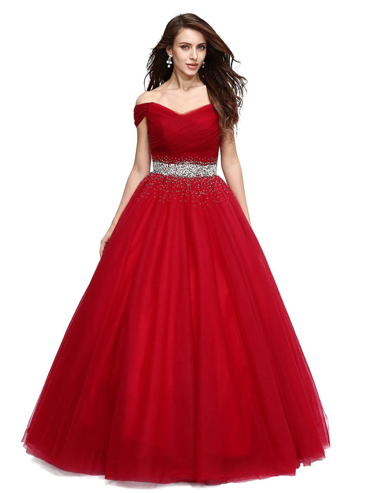 Ball Gown Elegant Dress Formal Evening Floor Length Sleeveless V Wire Tulle with Beading