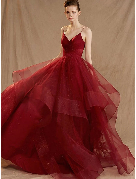 Ball Gown Evening Gown Elegant Dress Party Wear Floor Length Sleeveless V Neck Tulle V Back with Sequin