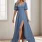 Chiffon Illusion V-Neck Flutter Sleeve Front Slit Evening Dress Sexy
