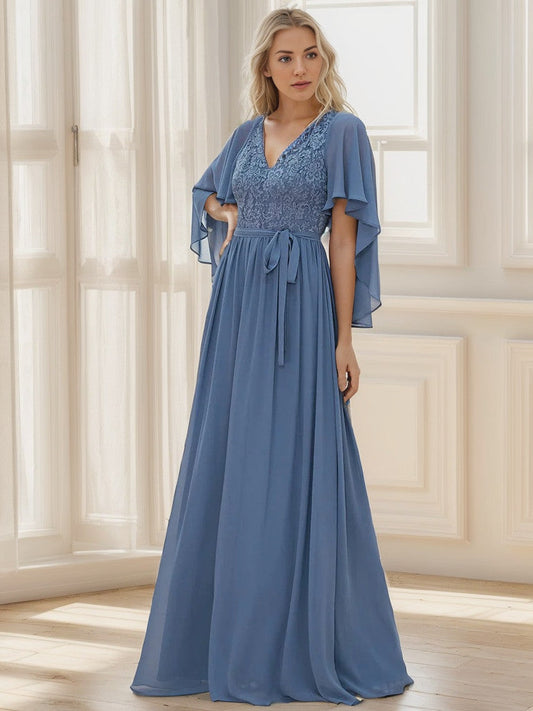 Deep V Neck Lace Bodice Long Flowy Evening Dress Sexy