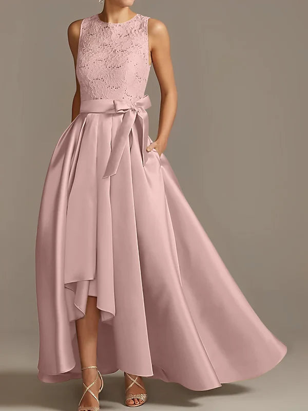 A-line/Princess collar sleeveless pleated lace mother of the bride dress Evening Dresses With Bow