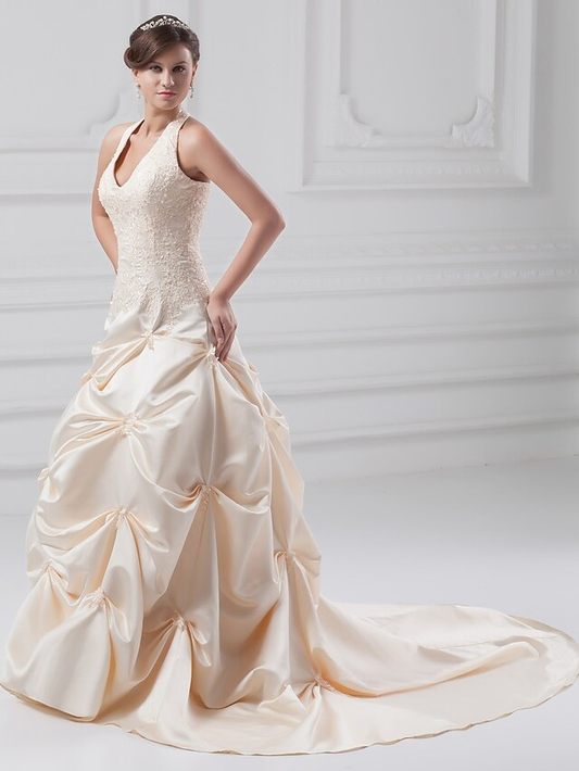 A-Line Wedding Dresses Halter Neck Chapel Train Lace Satin Regular Straps with Pick Up Skirt Beading