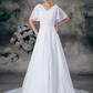 A-Line Wedding Dresses V Neck Chapel Train Chiffon Satin Short Sleeve with Ruched
