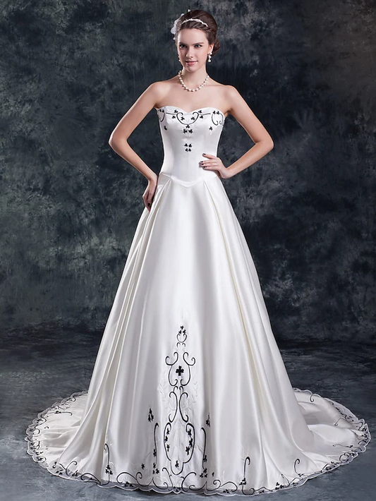 A-Line Wedding Dresses Strapless Court Train Organza Satin Strapless with Embroidery With Flower