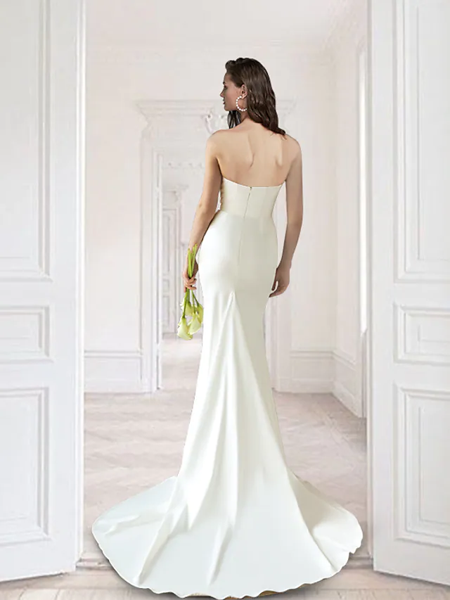 Wedding Dresses V Neck Court Train Detachable Satin Sleeveless Simple