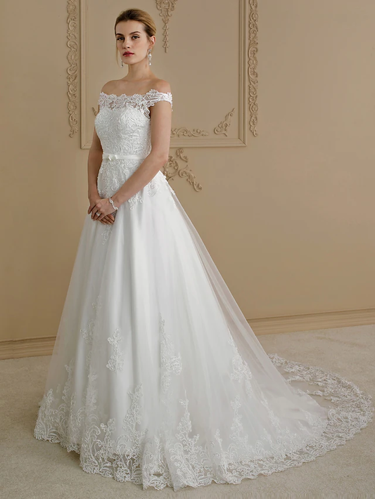 Ball Gown Wedding Dresses Off Shoulder Court Train Lace Tulle Cap Sleeve Country Glamorous See-Through Plus Size Backless with Sashes Ribbons Bow(s)