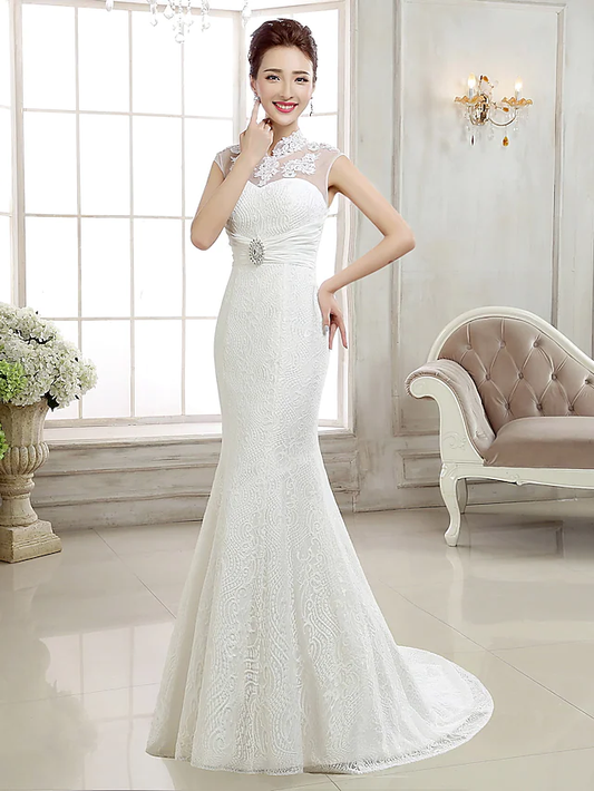 Wedding Dresses High Neck Lace Cap Sleeve Sexy Illusion Detail Backless with Beading