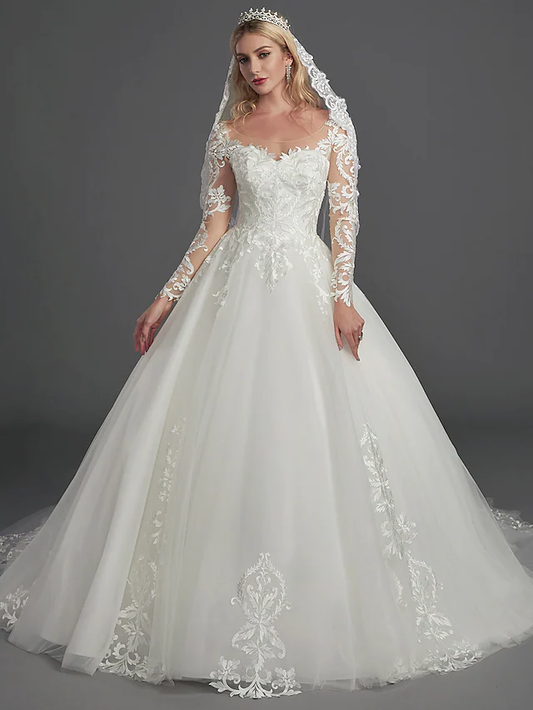 Ball Gown Wedding Dresses Illusion Neck Chapel Train Lace Tulle Long Sleeve Glamorous See-Through Illusion Detail with Buttons