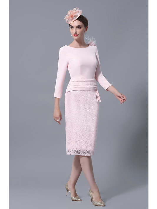 Mother of the Bride Dress Plus Size Elegant Vintage Jewel Neck Knee Length Lace 3/4 Length Sleeve with Lace Ruffles