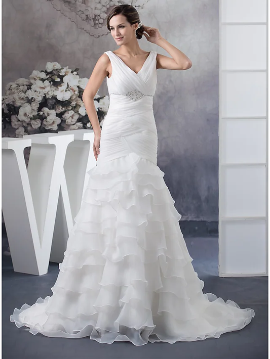 Wedding Dresses V Neck Chapel Train Organza Regular Straps with Ruched Beading Cascading