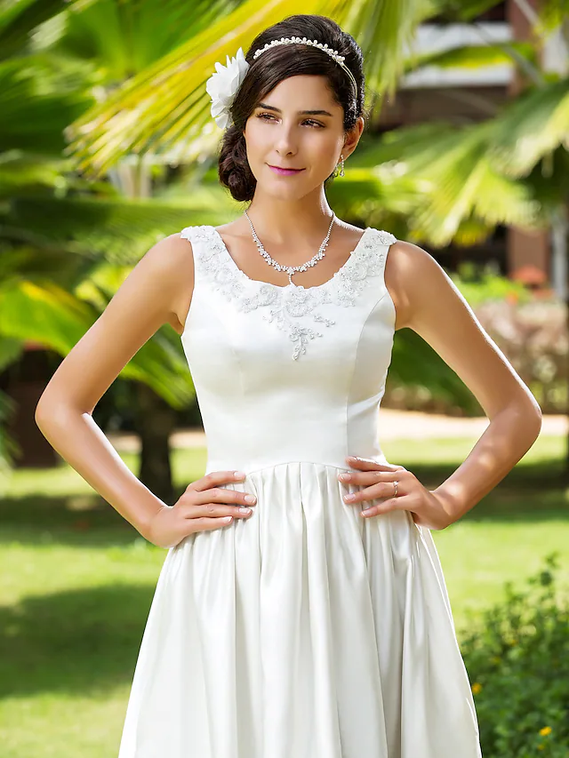 A-Line Wedding Dresses Scoop Neck Asymmetrical Satin Sleeveless with Beading Appliques Pocket