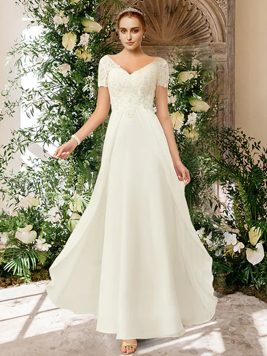 A-Line Wedding Dresses V Neck Floor Length Chiffon Lace Short Sleeve Romantic Simple with Pleats