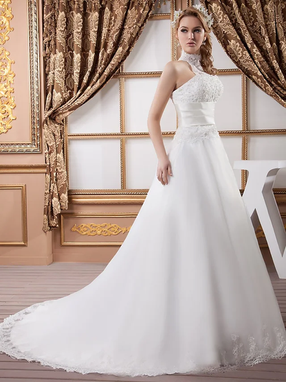 A-Line Wedding Dresses High Neck Court Train Lace Satin Tulle Regular Straps with Ruched Beading