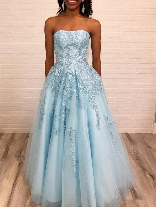 Elegant A Line Ligth Blue Tulle Long Strapless Lace Prom Dresses With with Appliques Beautiful