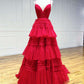 Elegant A Line Tulle Layered Deep V Neck Prom Dresses High Slit Black Evening Dresses Sexy