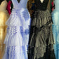 Elegant A Line Tulle Layered Deep V Neck Prom Dresses High Slit Black Evening Dresses Sexy