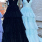 Elegant A Line Tulle Layered Deep V Neck Prom Dresses High Slit Black Evening Dresses Sexy