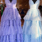 Elegant A Line Tulle Layered Deep V Neck Prom Dresses High Slit Black Evening Dresses Sexy