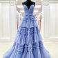 Elegant A Line Tulle Layered Deep V Neck Prom Dresses High Slit Black Evening Dresses Sexy