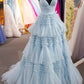 Elegant A Line Tulle Layered Deep V Neck Prom Dresses High Slit Black Evening Dresses Sexy
