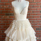 Elegant A Line Tulle Layered Deep V Neck Prom Dresses High Slit Black Evening Dresses Sexy