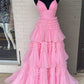 Elegant A Line Tulle Layered Deep V Neck Prom Dresses High Slit Black Evening Dresses Sexy