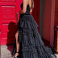 Elegant A Line Tulle Layered Deep V Neck Prom Dresses High Slit Black Evening Dresses Sexy