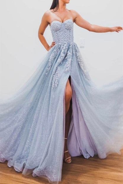 Elegant A line Light Blue Tulle Prom Dresses with Appliques Sweetheart Evening Dress Beautiful