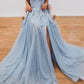 Elegant A line Light Blue Tulle Prom Dresses with Appliques Sweetheart Evening Dress Beautiful
