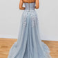 Elegant A line Light Blue Tulle Prom Dresses with Appliques Sweetheart Evening Dress Beautiful