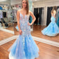 Elegant Blue Spaghetti Straps Tulle Mermaid Prom Dress With Appliques V-neck Sexy