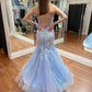 Elegant Blue Spaghetti Straps Tulle Mermaid Prom Dress With Appliques V-neck Sexy