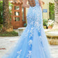 Elegant Blue Spaghetti Straps Tulle Mermaid Prom Dress With Appliques V-neck Sexy