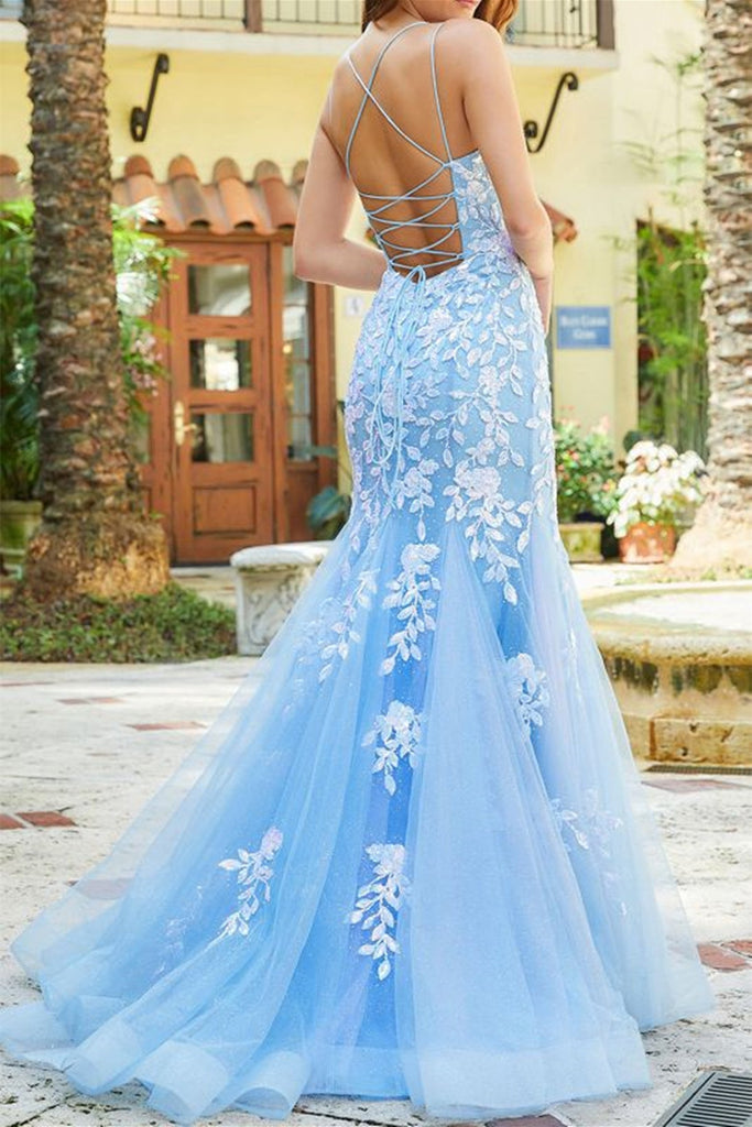 Elegant Blue Spaghetti Straps Tulle Mermaid Prom Dress With Appliques V-neck Sexy