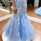 Elegant Blue Spaghetti Straps Tulle Mermaid Prom Dress With Appliques V-neck Sexy