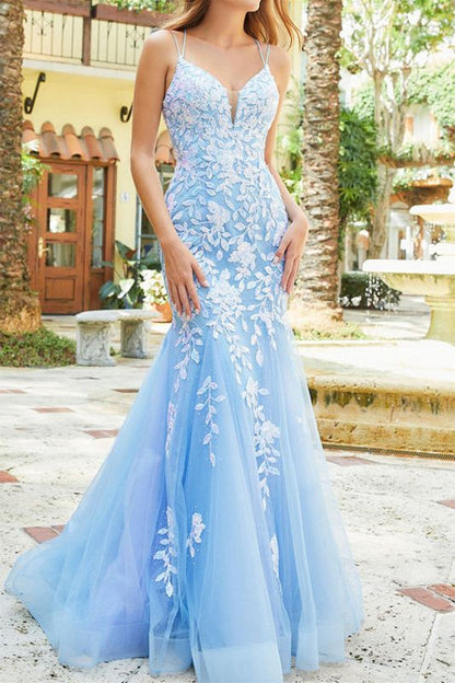 Elegant Blue Spaghetti Straps Tulle Mermaid Prom Dress With Appliques V-neck Sexy