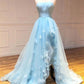 Elegant Light Blue Strapless High Low Long Prom Dresses With Slit Formal Evening Dresses With Appliques Beautiful