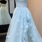 Elegant Light Blue Strapless High Low Long Prom Dresses With Slit Formal Evening Dresses With Appliques Beautiful