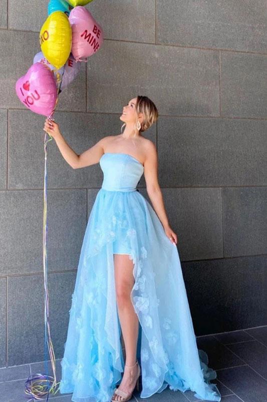 Elegant Light Blue Strapless High Low Long Prom Dresses With Slit Formal Evening Dresses With Appliques Beautiful