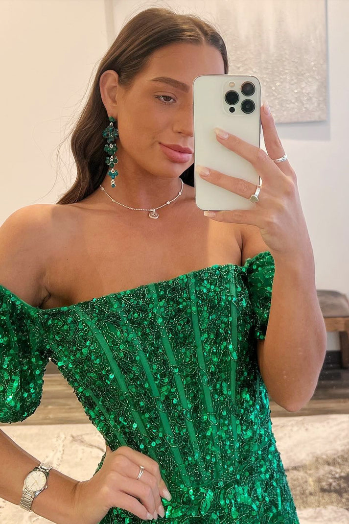 Elegant Mermaid Off-the-Shoulder Sleeves Sequins Long Prom Dresses with Slit Evening Dresses