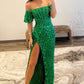 Elegant Mermaid Off-the-Shoulder Sleeves Sequins Long Prom Dresses with Slit Evening Dresses