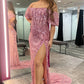 Elegant Mermaid Off-the-Shoulder Sleeves Sequins Long Prom Dresses with Slit Evening Dresses