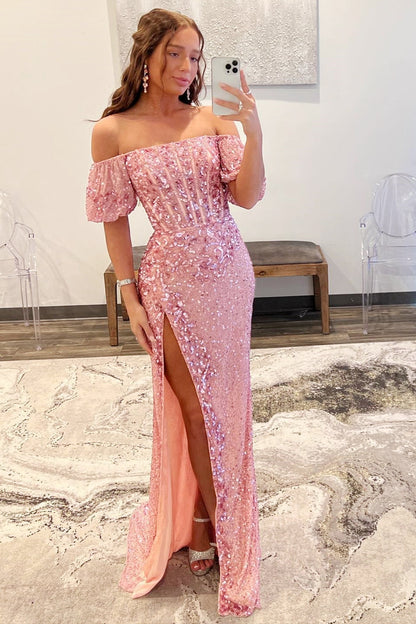 Elegant Mermaid Off-the-Shoulder Sleeves Sequins Long Prom Dresses with Slit Evening Dresses