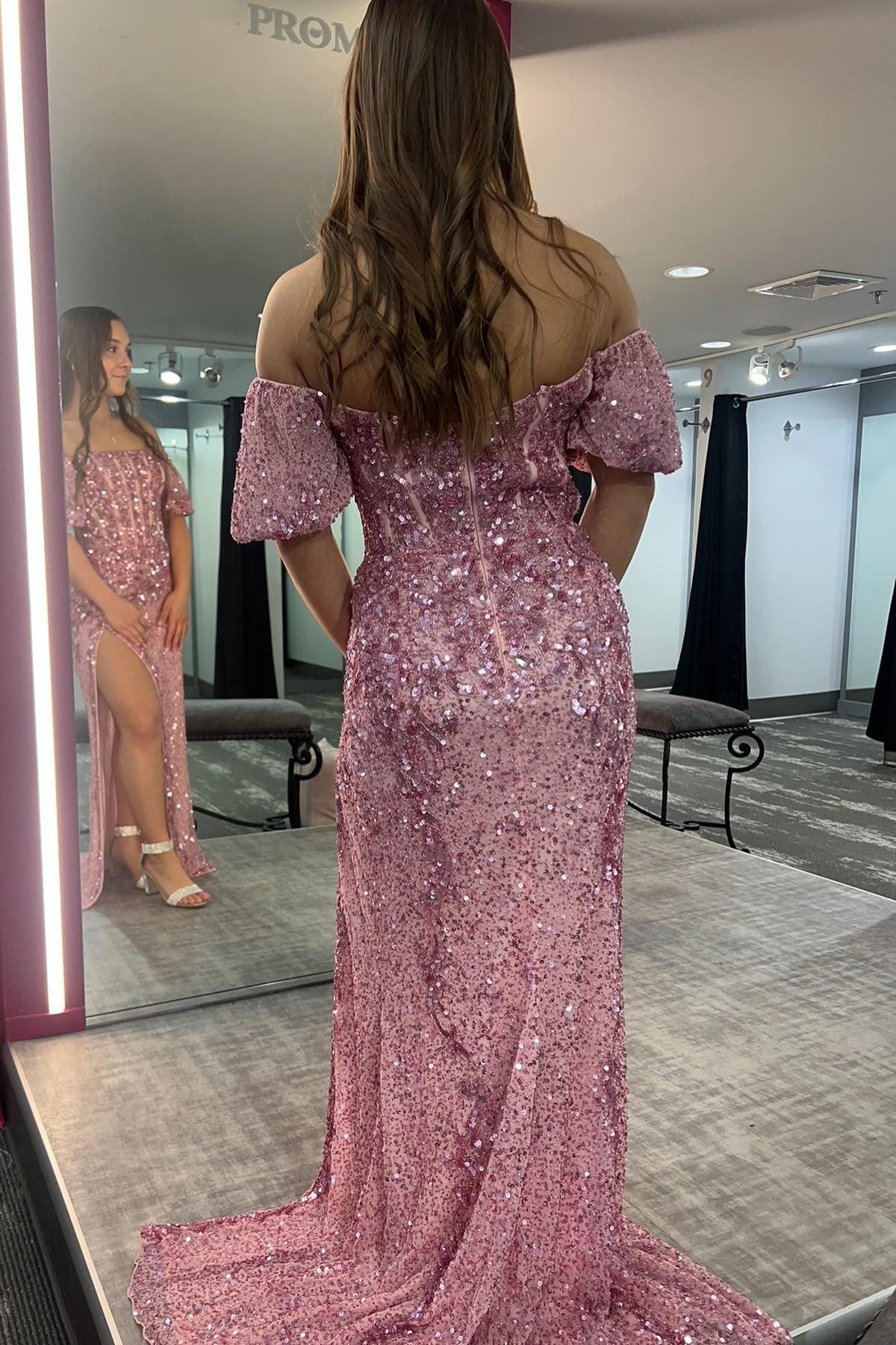Elegant Mermaid Off-the-Shoulder Sleeves Sequins Long Prom Dresses with Slit Evening Dresses