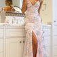 Elegant V Neck Mermaid Tulle Slit Prom Dresses With Appliques V-neck Sexy Evening Dresses