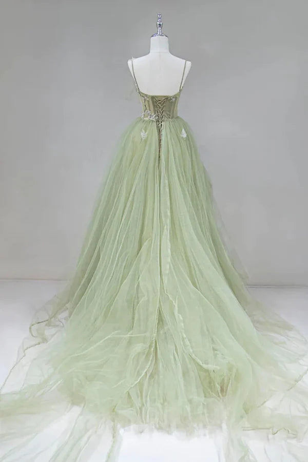 A-shaped tight fitting corset with sage green chiffon on the back long adult dress Sage Prom Dress