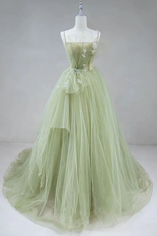 A-shaped tight fitting corset with sage green chiffon on the back long adult dress Sage Prom Dress